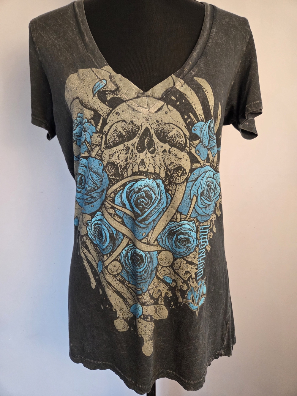 *RARE* Wornstar Heartbreaking Bones Deep V-neck Tee XLarge Teal Soft Wash *flaw*